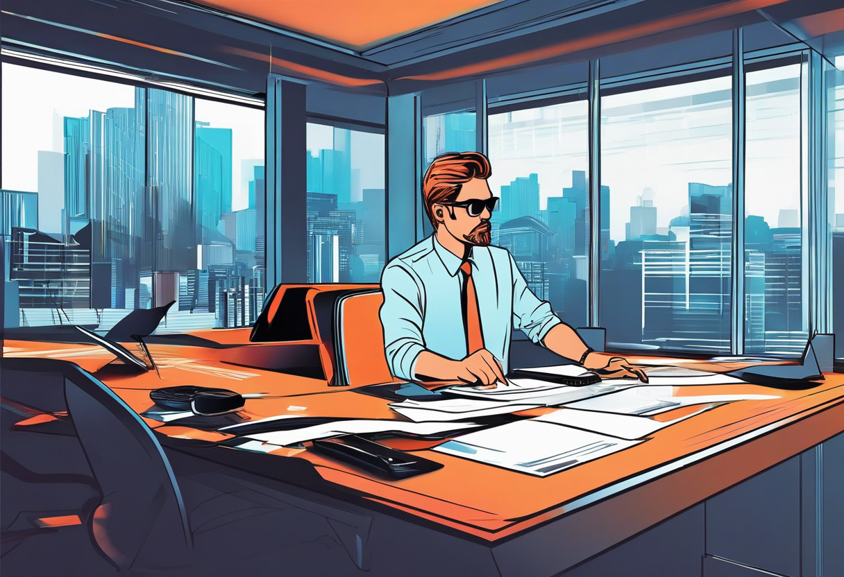 Colorful depiction of a sharp-witted executive working with Vuzix Blade in a dynamic business setting