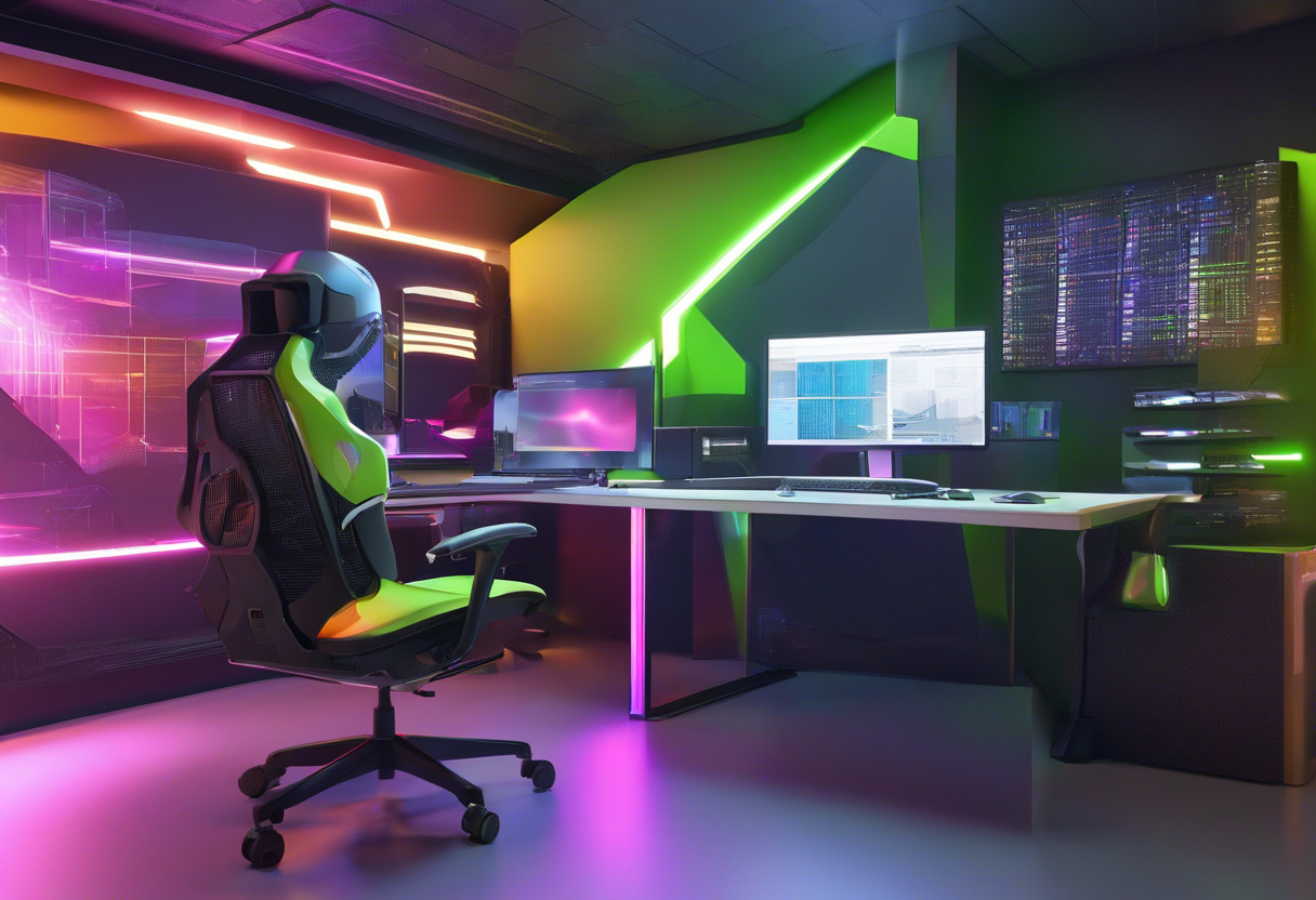 Colorful depiction of a software developer in a modern workspace, interacting with Nvidia Omniverse.