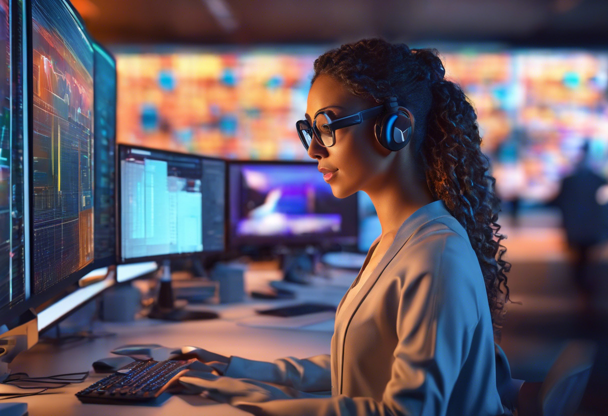 Colorful depiction of a software developer working with MediaPipe on several screens in a high-tech lab