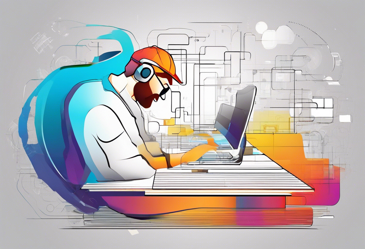 Colorful depiction of a tech-savvy user engage in 3DCoat application in a high-tech setting