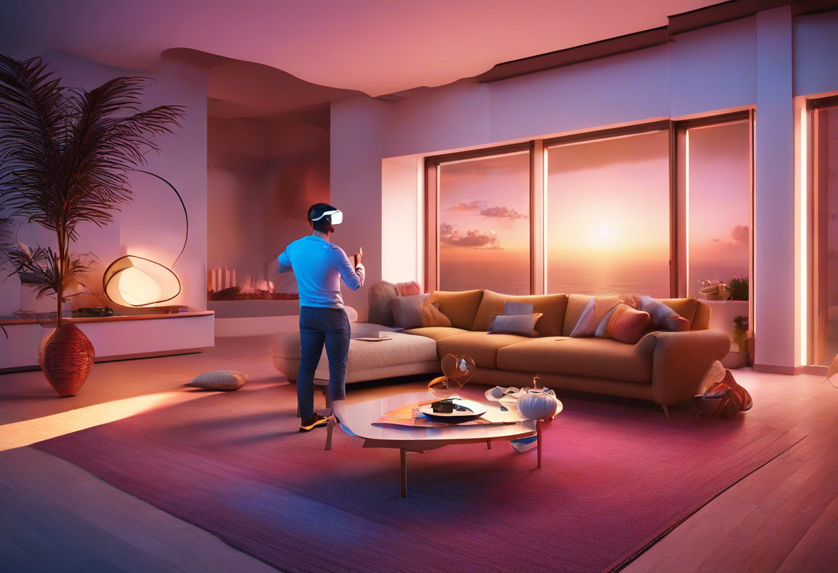 Colorful depiction of a tech-savvy user experiencing mixed reality with Magic Leap 1 in a modern living room