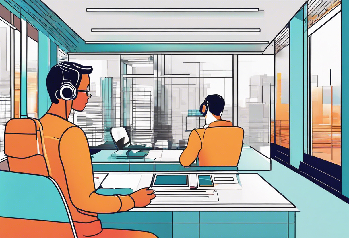 Colorful depiction of a tech-savvy user interacting with an AR interface in a modern office