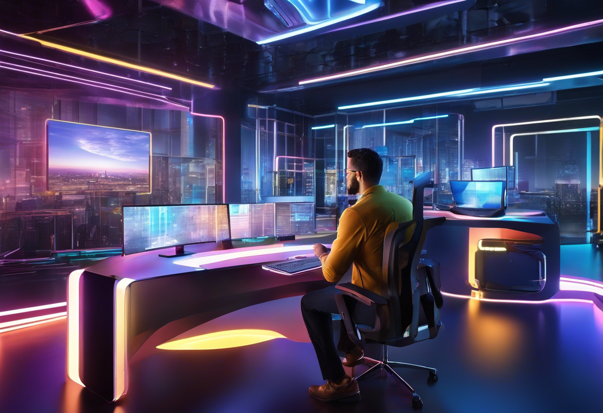 Colorful depiction of a technologist immersed in a virtual 3D designing within an ultra-modern workspace