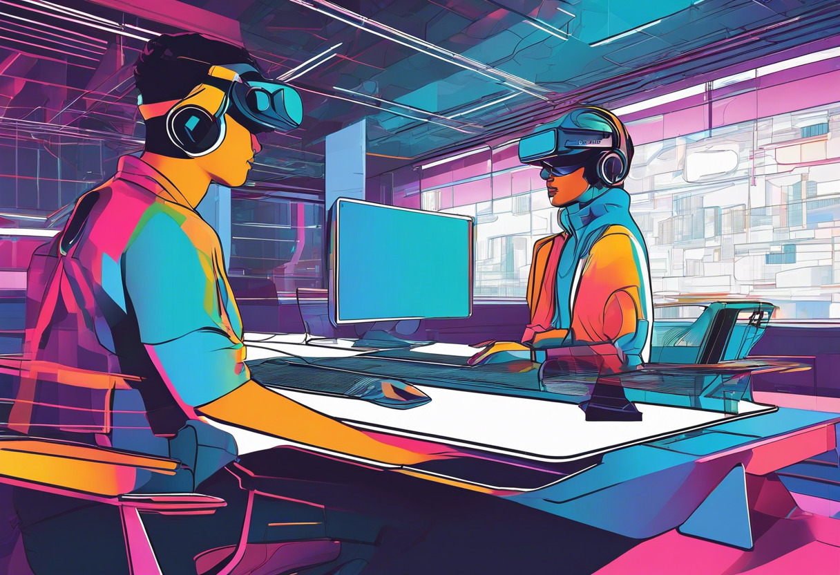 Colorful depiction of a user engaging with the Pico 4 VR headset in a futuristic workspace