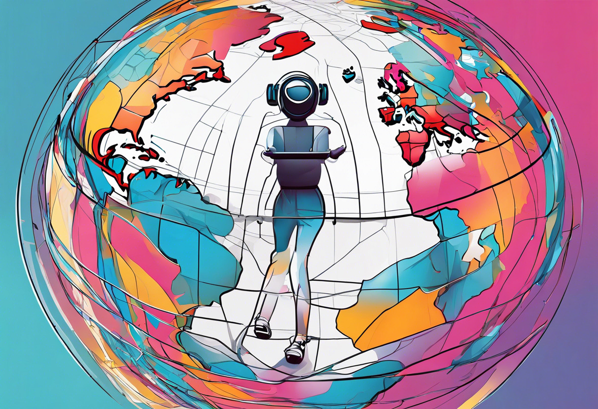 Colorful depiction of a user immersed in AR/VR technology, standing on a globe representing a connected world