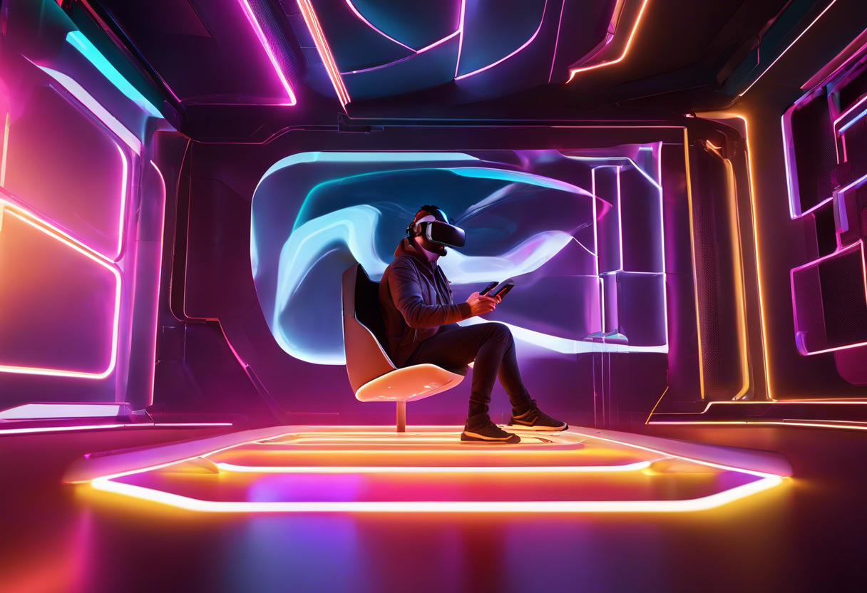 Colorful depiction of a VR enthusiast engrossed in a VR gaming session using the Meta Quest Pro in a futuristic gaming room