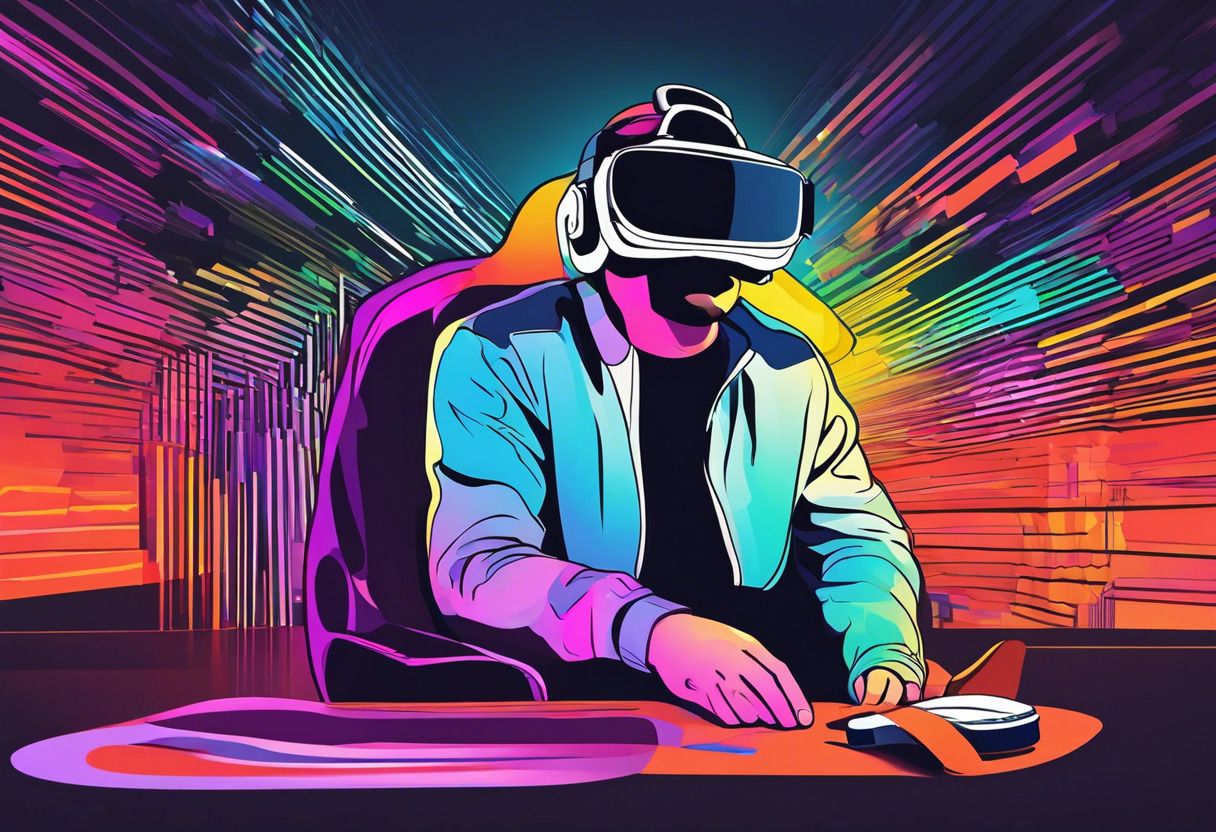 Colorful depiction of a VR enthusiast in an immersive digital environment