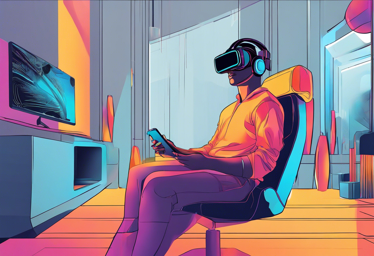 Colorful depiction of a VR gamer wearing Meta Quest 3 headset in a gaming lounge