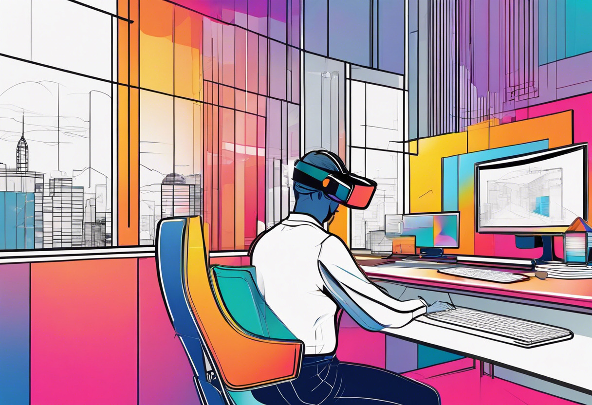 Colorful depiction of a VR user in a modern tech hub