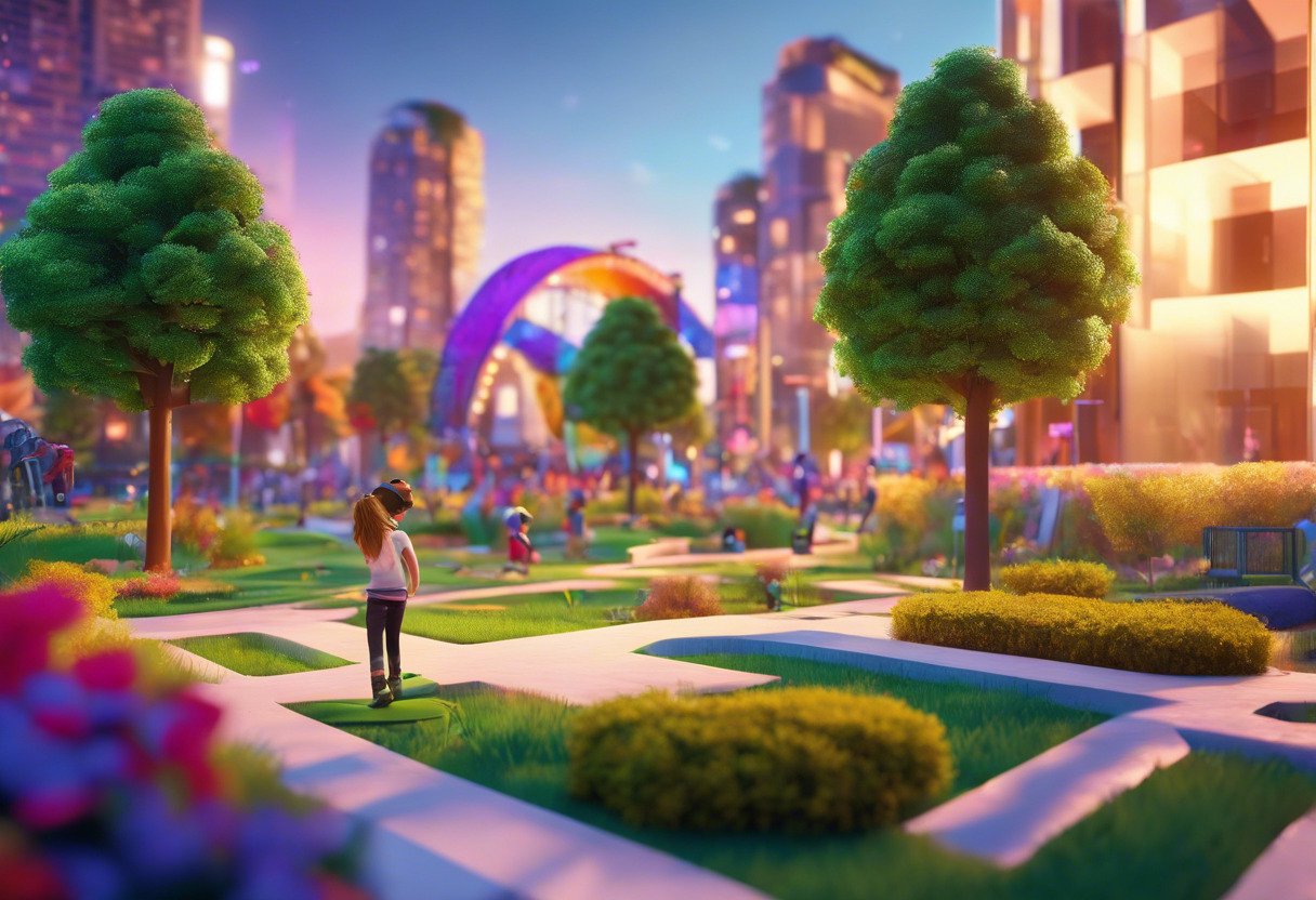 Colorful depiction of a young creator in a busy, animated urban park engaged in game-building on Roblox on a laptop