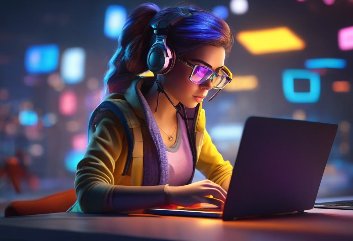 Colorful depiction of a young game developer designing a 2D game on her laptop using Phaser