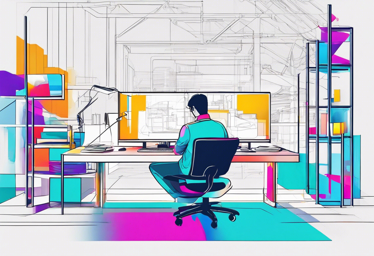 Colorful depiction of an aesthetics designer working on a Fusion360 project in a modern design studio