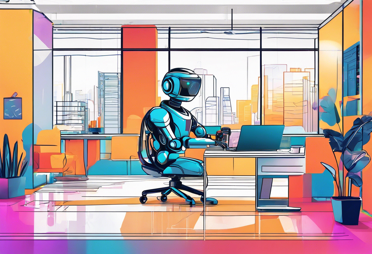 Colorful depiction of an AI bot creating an AR experience on MyWebAR, surrounded by a vibrant office landscape