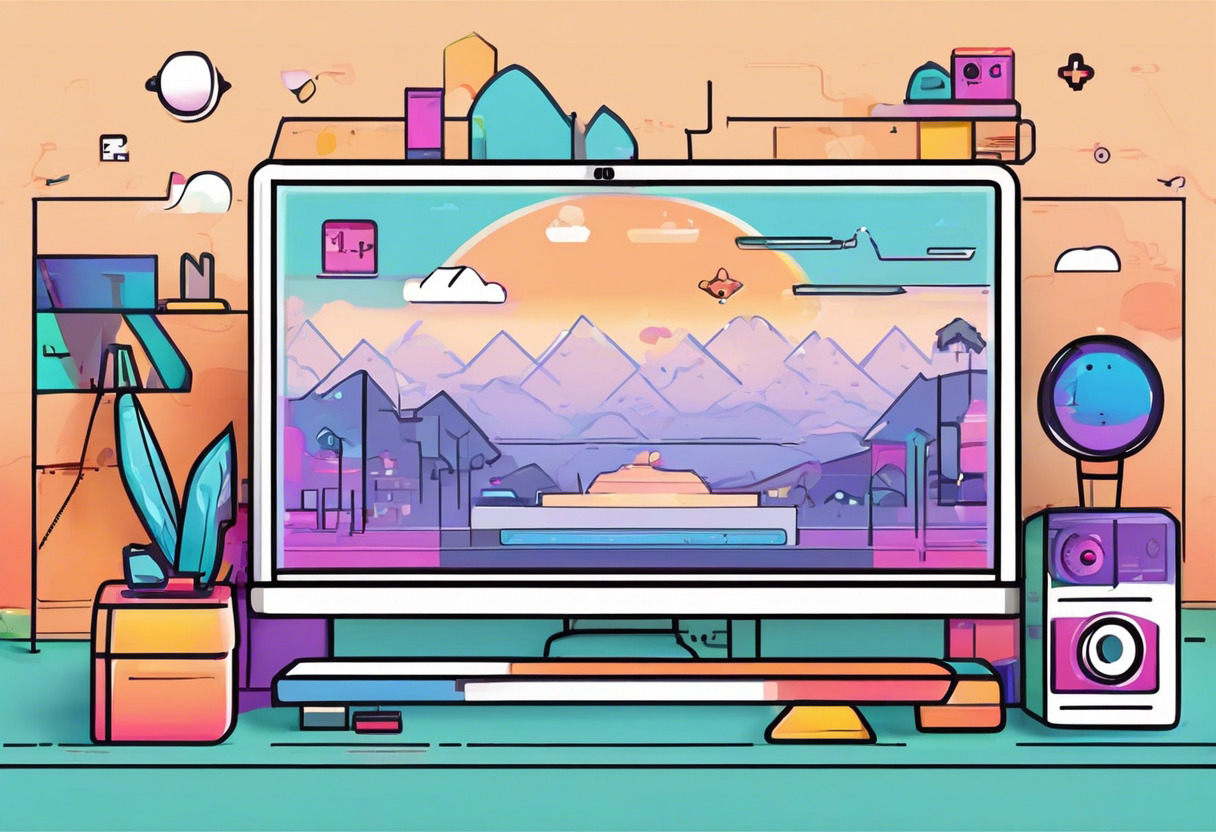 Colorful depiction of an animated game screen created with PixiJS, in a game developer's workspace