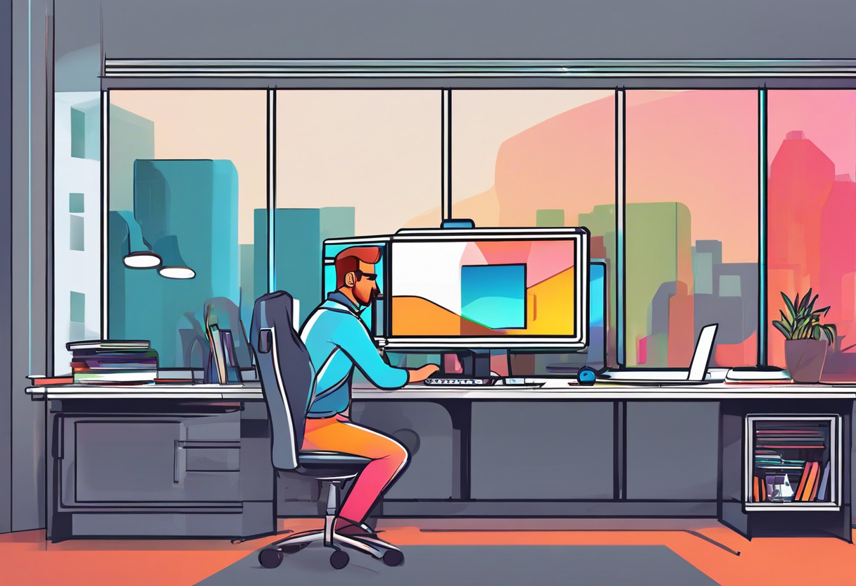 Colorful depiction of an animator working on iClone's user-friendly interface in a design studio