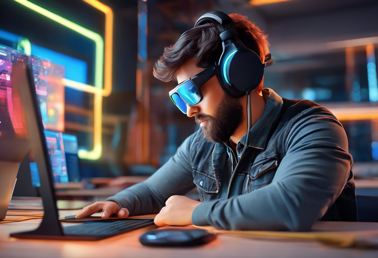 Colorful depiction of an AR developer working on an application using EasyAR in a tech-intense office space