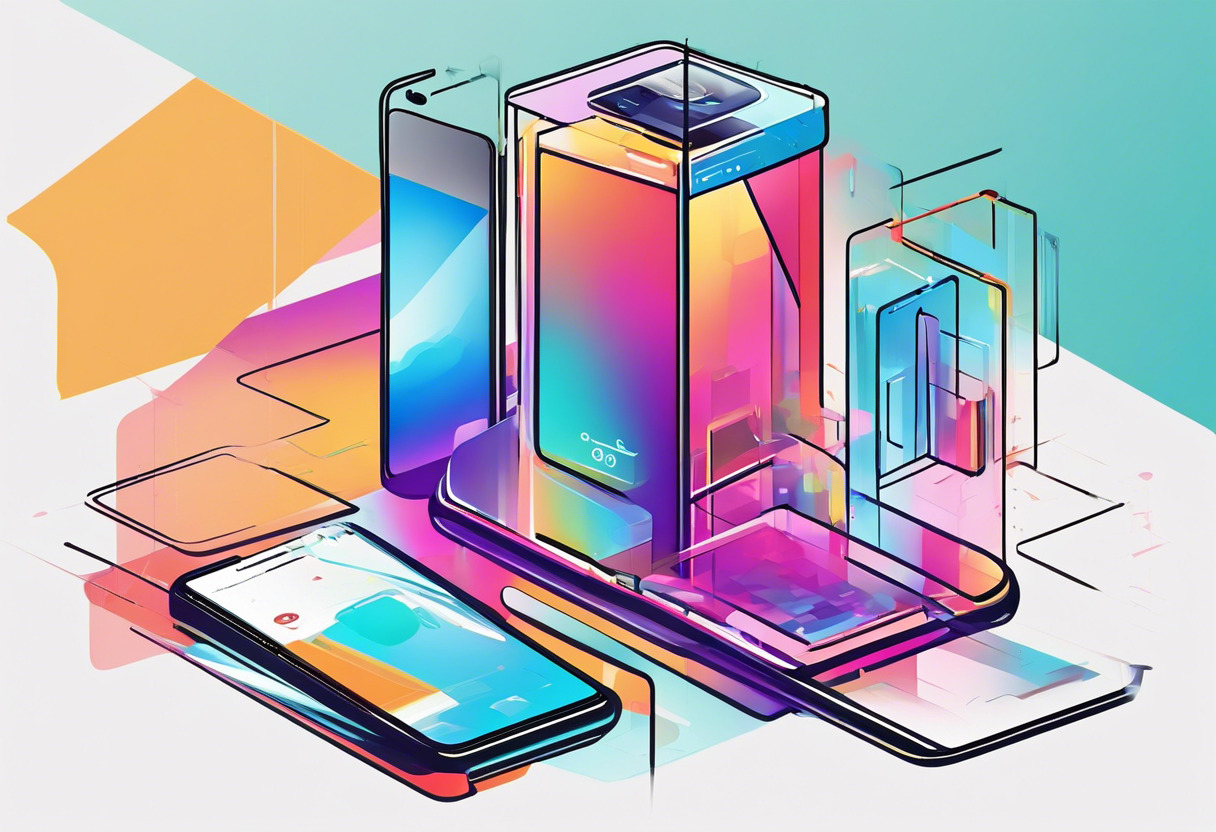 Colorful depiction of an AR-enabled smartphone showcasing various effects, placed in a digital marketing workspace