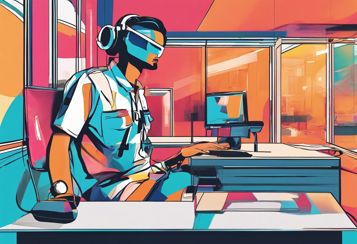 Colorful depiction of an AR specialist deploying Wikitude on smart eyewear in an innovative tech studio