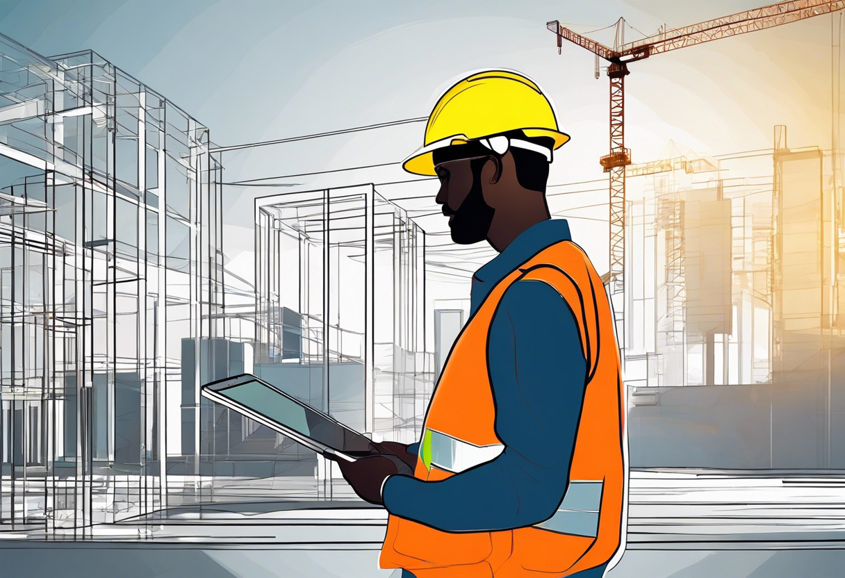 Colorful depiction of an architect holding a tablet and viewing a 3D Polycam model on a construction site