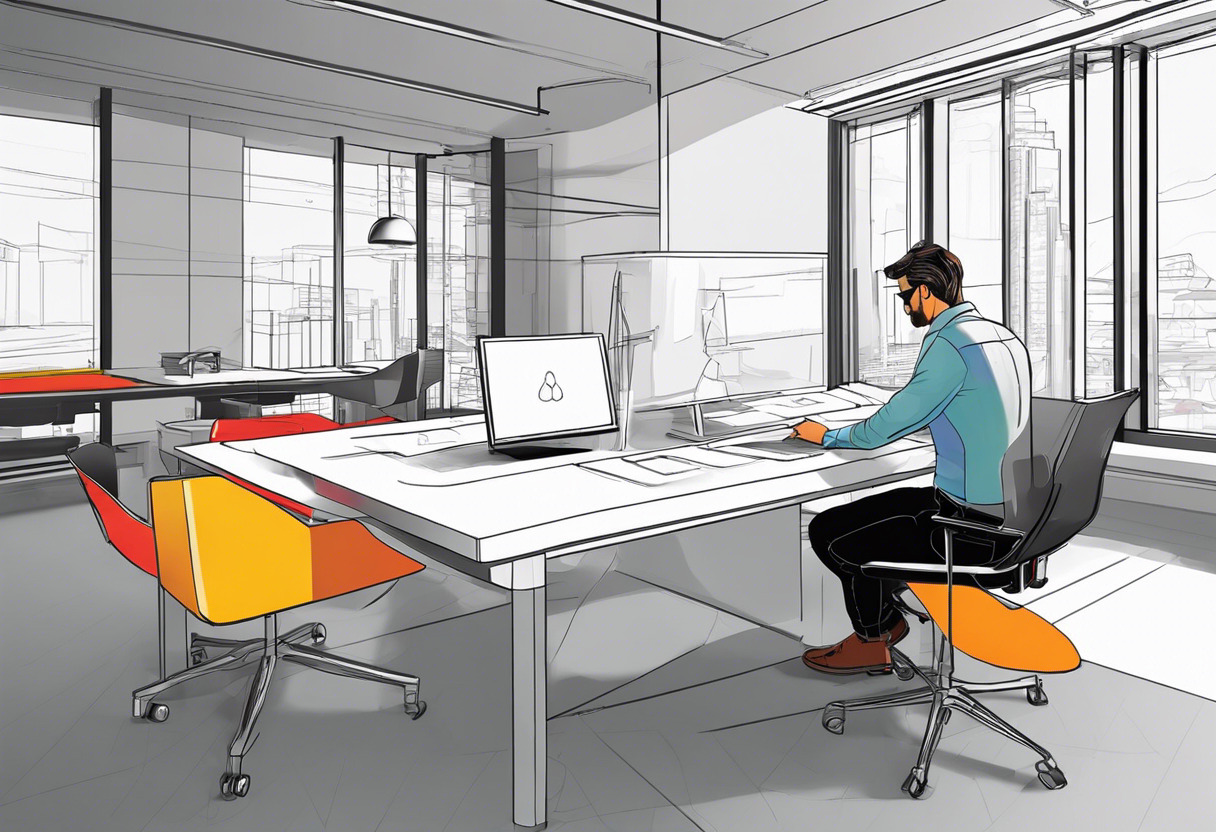 Colorful depiction of an architect working on a Revit model in a design studio