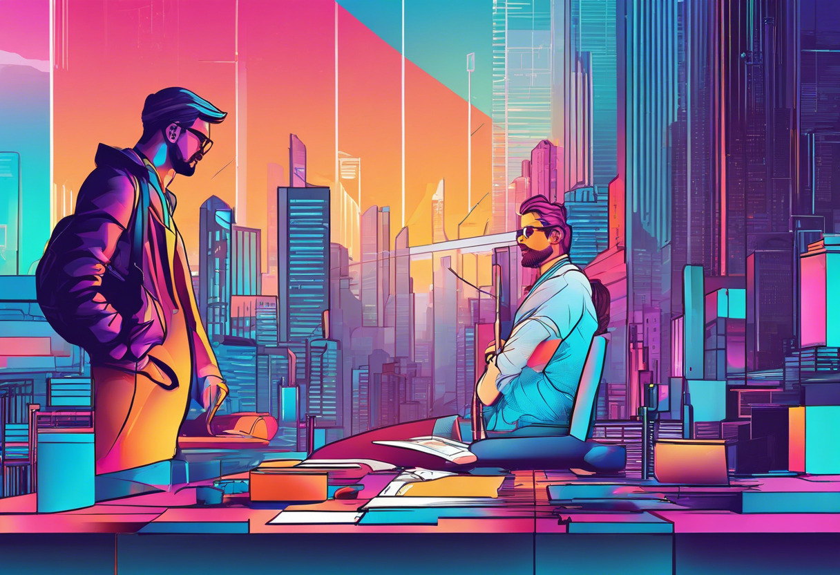 Colorful depiction of an artist and an entrepreneur using XR+ tools against a backdrop of a futuristic city skyline