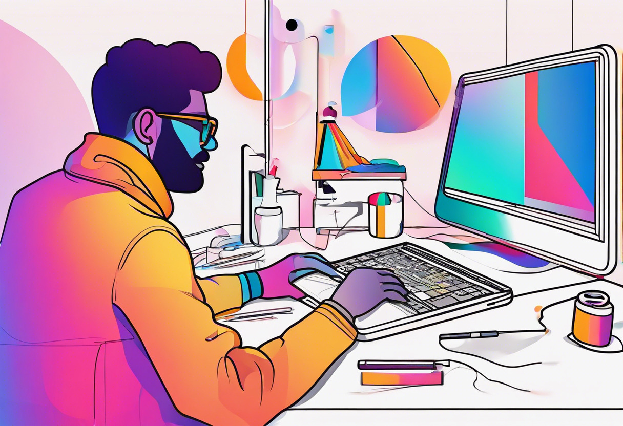 Colorful depiction of an artist crafting a digital world enhanced with XR+