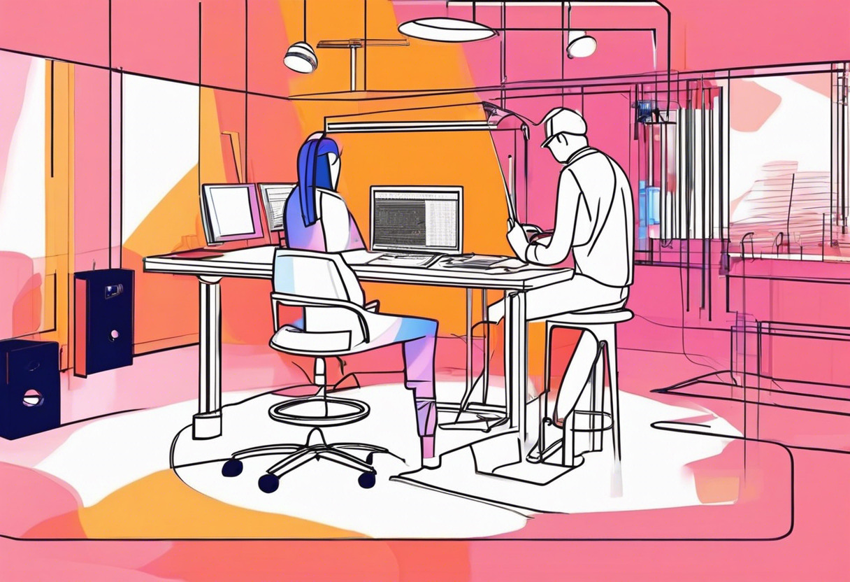 Colorful depiction of an artist in a production studio creating a 3D animation with Blender