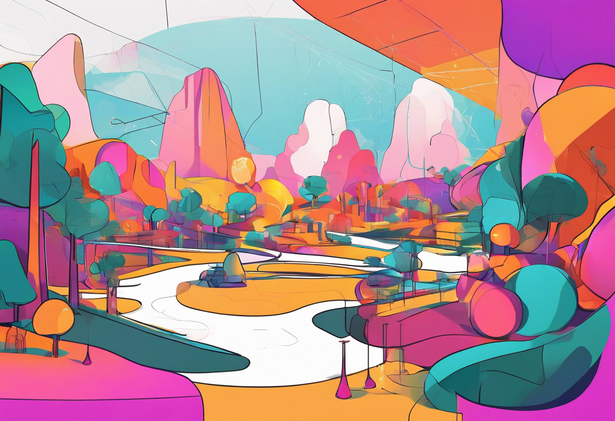 Colorful depiction of an avatar engaging in an interactive experience in Decentraland's digital environment