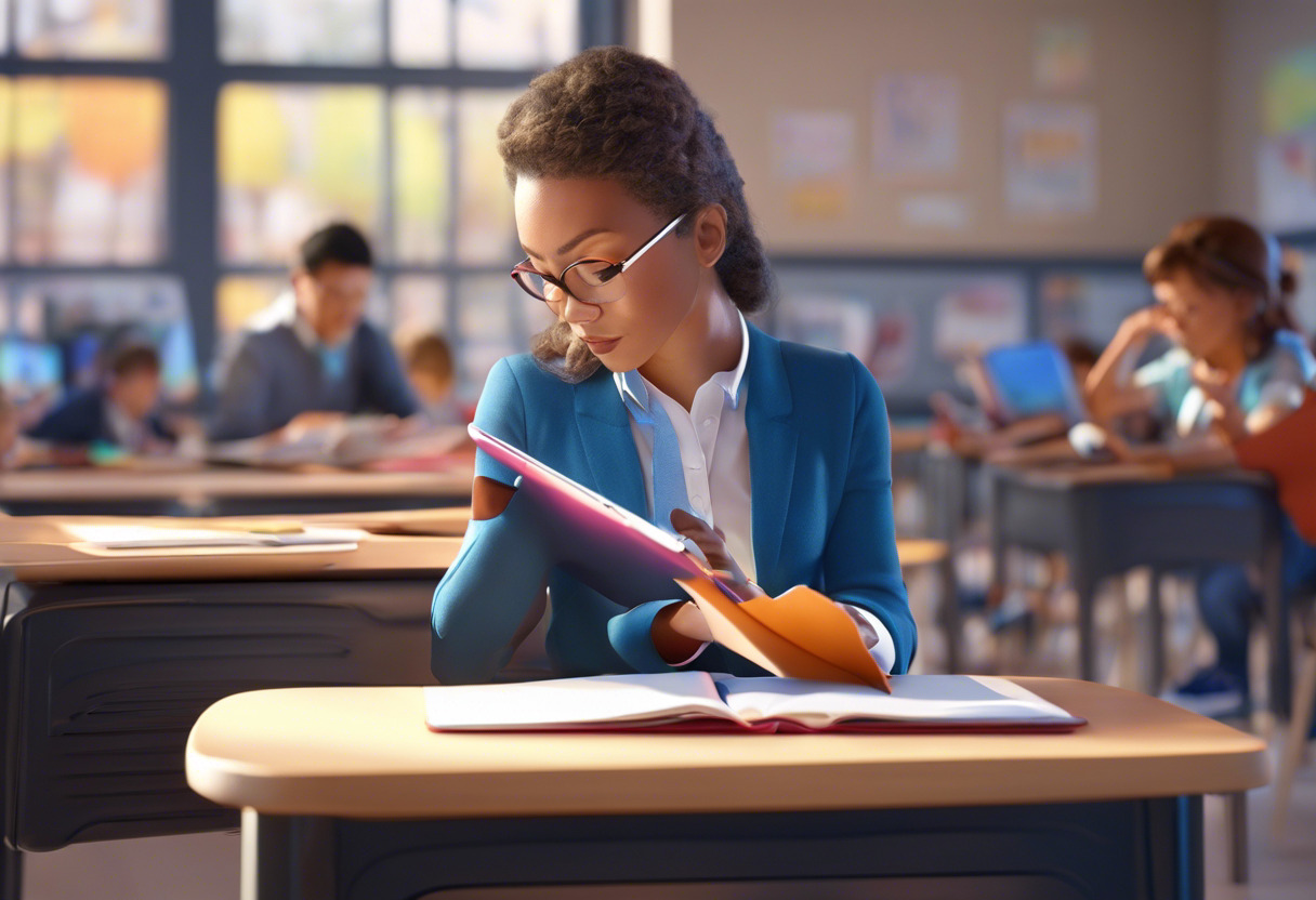 Colorful depiction of an educator using UniteAR on an iPad in a classroom.