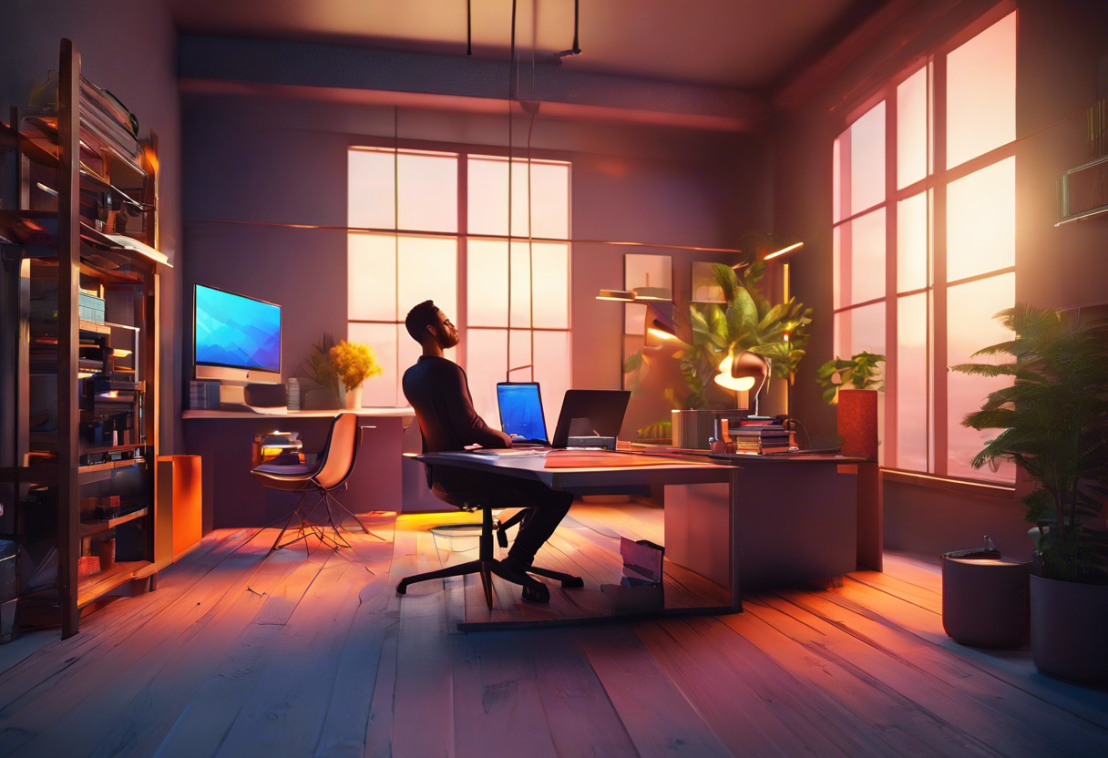 Colorful depiction of an engaged developer at his workspace, immersed in the world of LibGDX