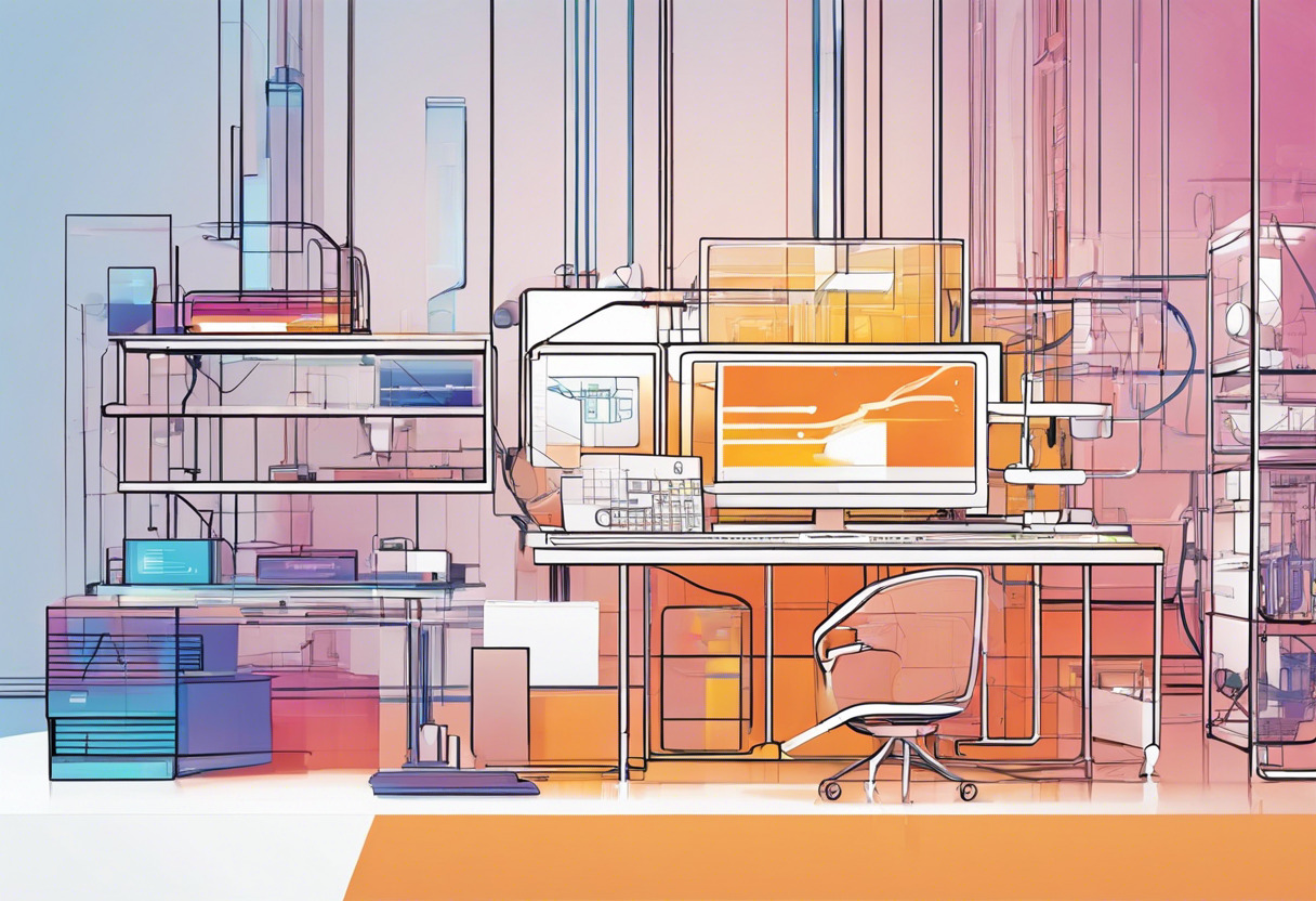 Colorful depiction of an engineer using Ultraleap technology in an AR development lab