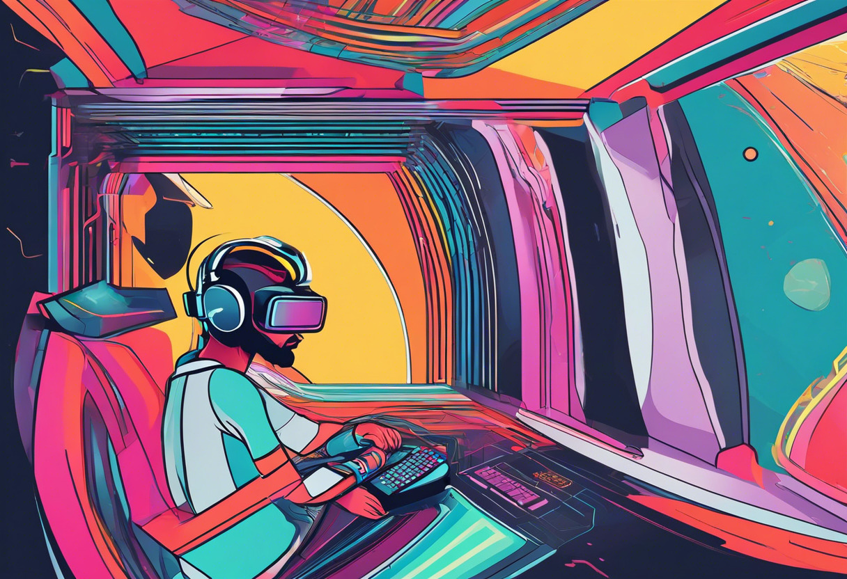 Colorful depiction of an immersed gamer mid-action in a VR gaming arcade