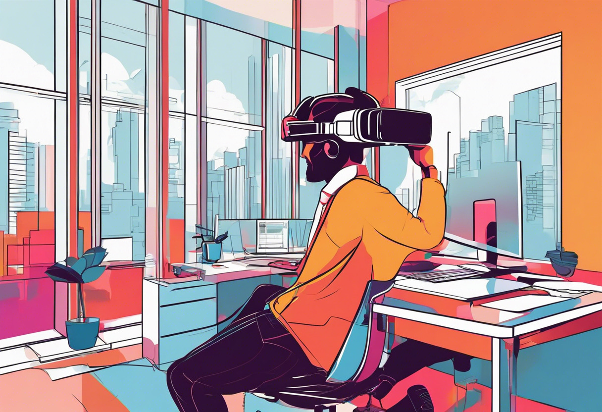 Colorful depiction of an individual using a VR device in a modern workspace