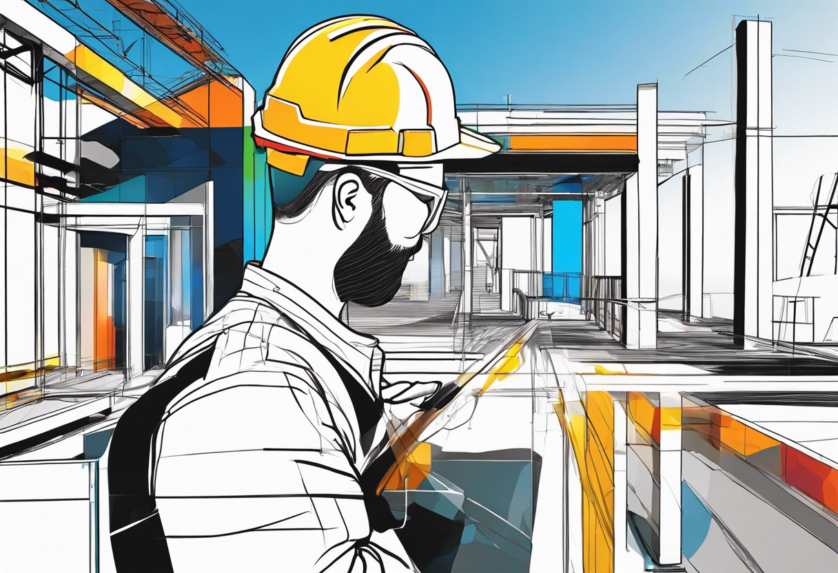 Colorful depiction of an individual using Matterport's 3D space capture on a smartphone at a construction site.