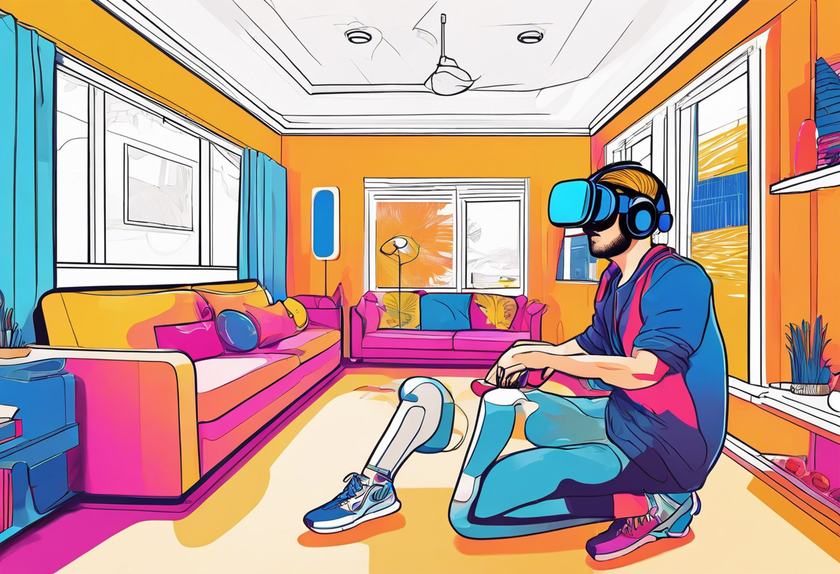 Colorful depiction of an individual vigorously gaming via the HTC Vive Pro in a vibrant playroom