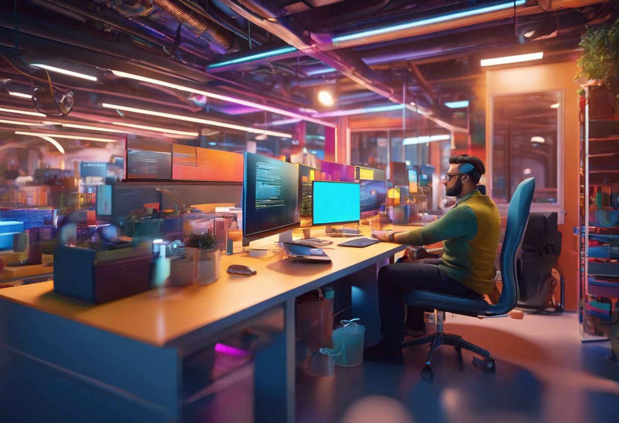 Colorful depiction of an industrious developer engrossed in AR app creation in a bustling tech workspace