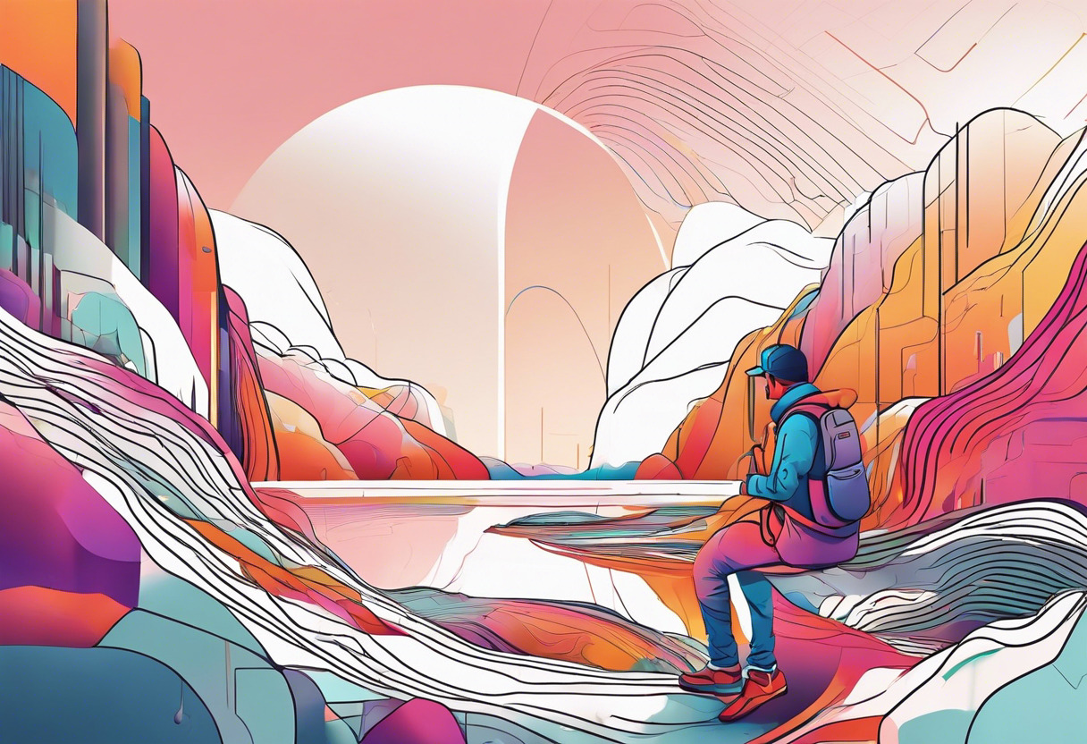 Colorful depiction of an tech enthusiast exploring a virtual landscape with the Apple Vision Pro