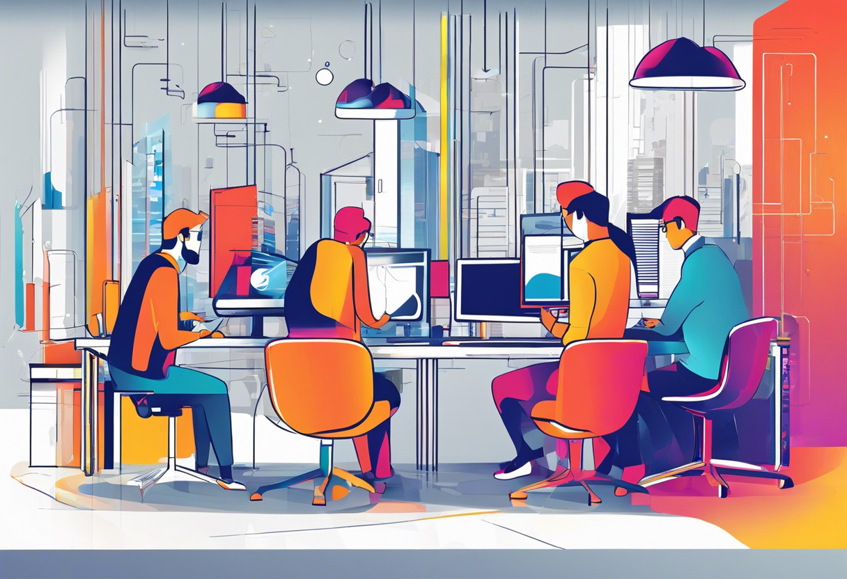 Colorful depiction of developers collaborating in a high-tech hub, imbued with the spirit of O3DE