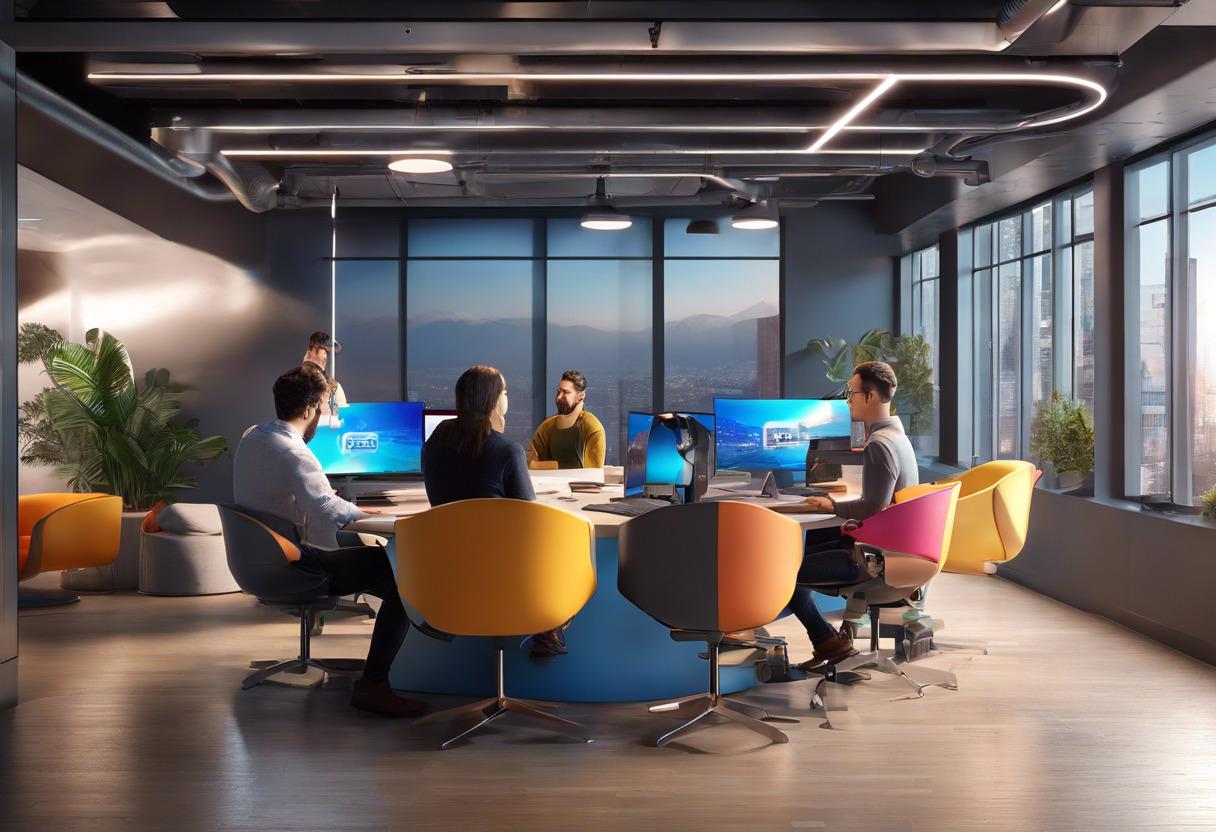 Colorful depiction of developers collaborating on Aircada's user-friendly AR platform, in a modern workspace