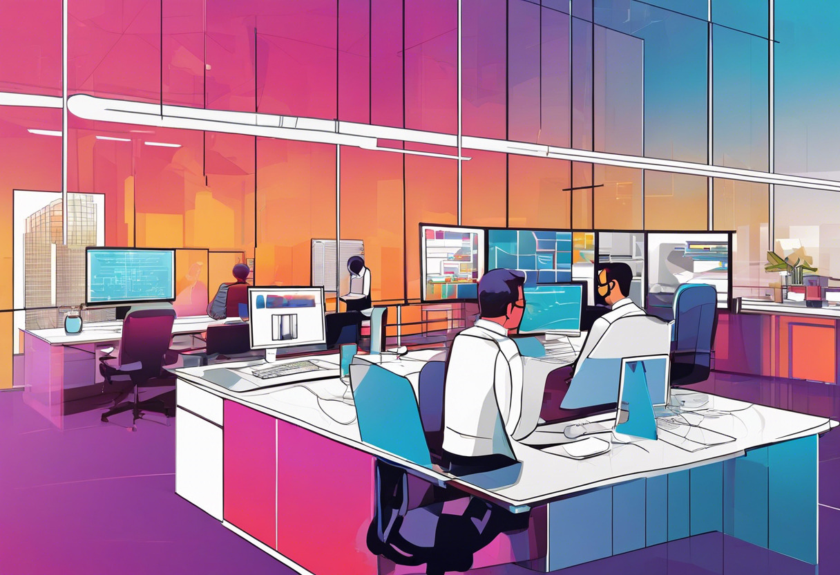 Colorful depiction of developers in a state-of-the-art lab