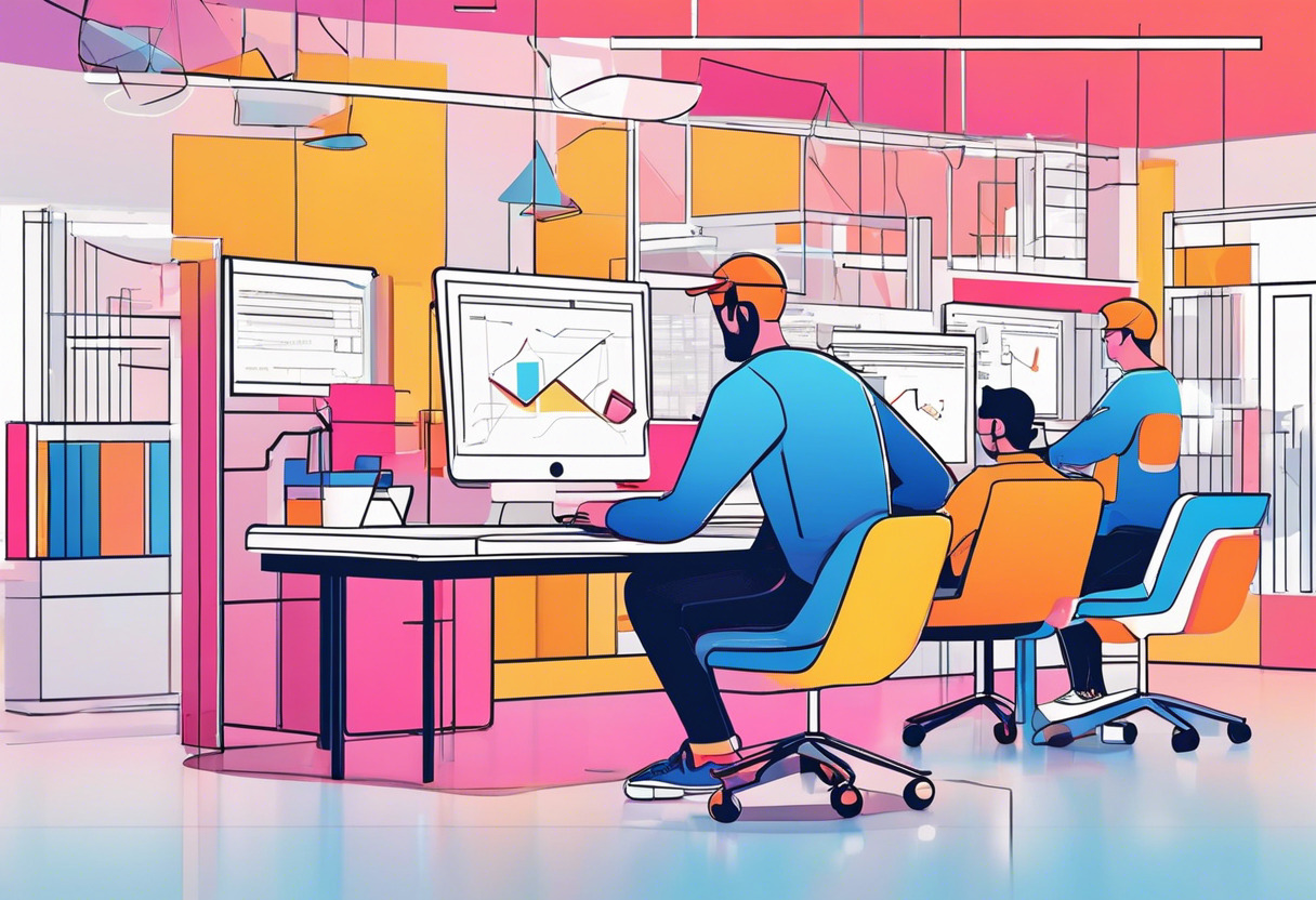 Colorful depiction of digital developers creating 3D animations in an innovative workspace