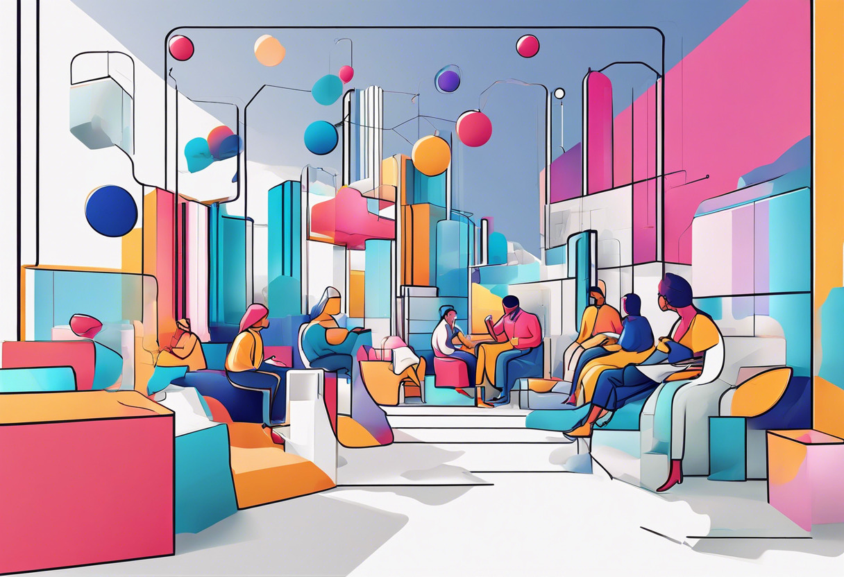Colorful depiction of diverse users immersed in Meta's 3D virtual realm
