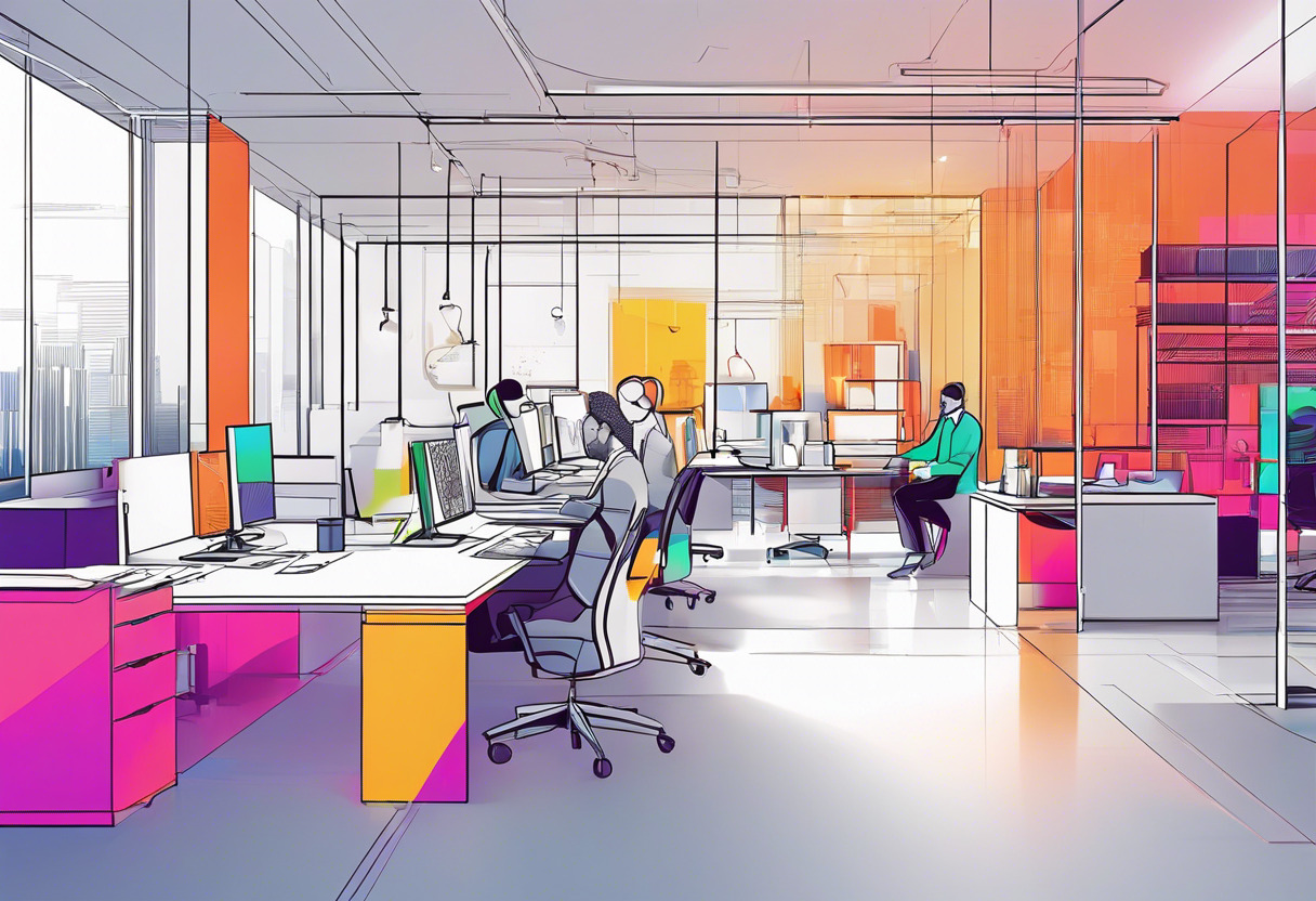 Colorful depiction of professionals at a tech company utilizing Nvidia Omniverse for 3D workflows