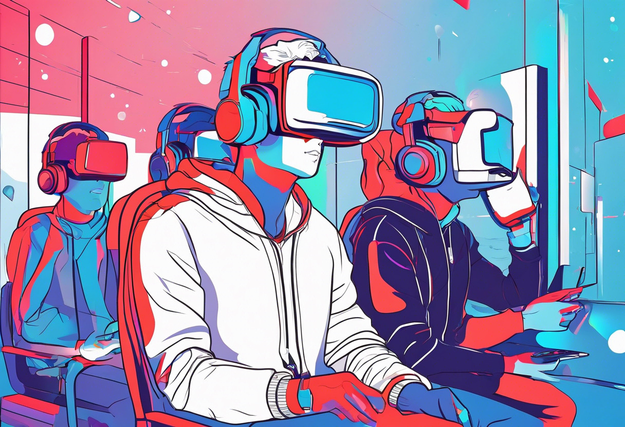 Colorful depiction of streaming YouTubers immersed in the 3D universe of VRChat