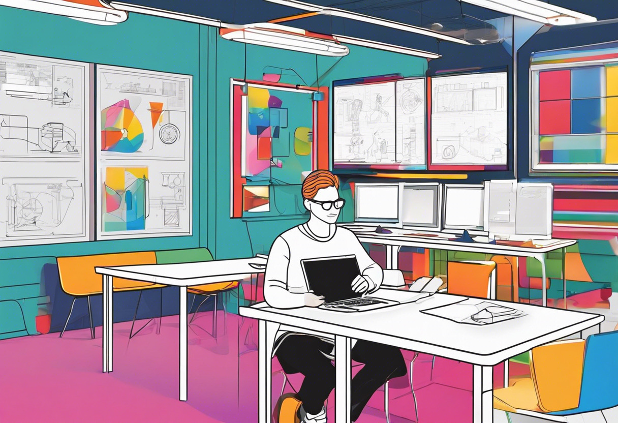 Colorful design of a person using Tinkercad in a tech-classroom