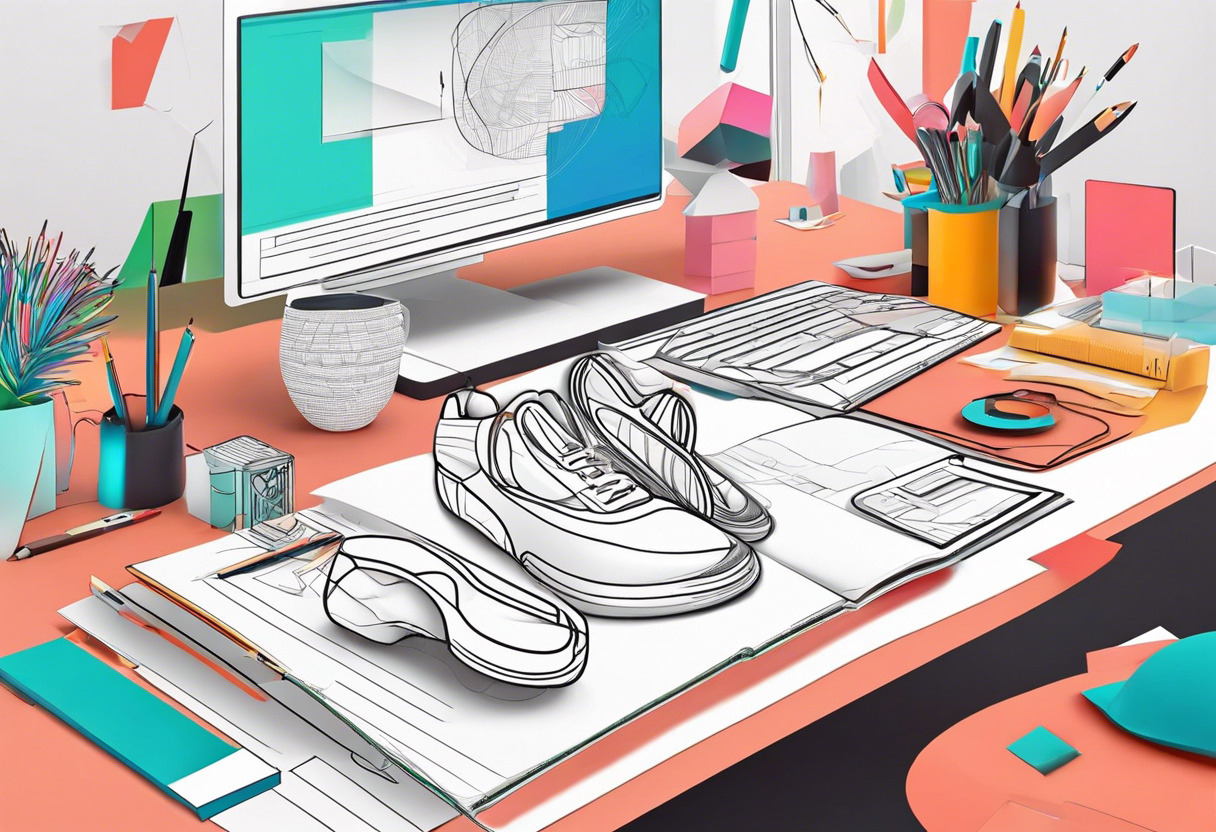 Colorful designer focusing on 3D footwear design using Modo, in a technology-infused workspace.