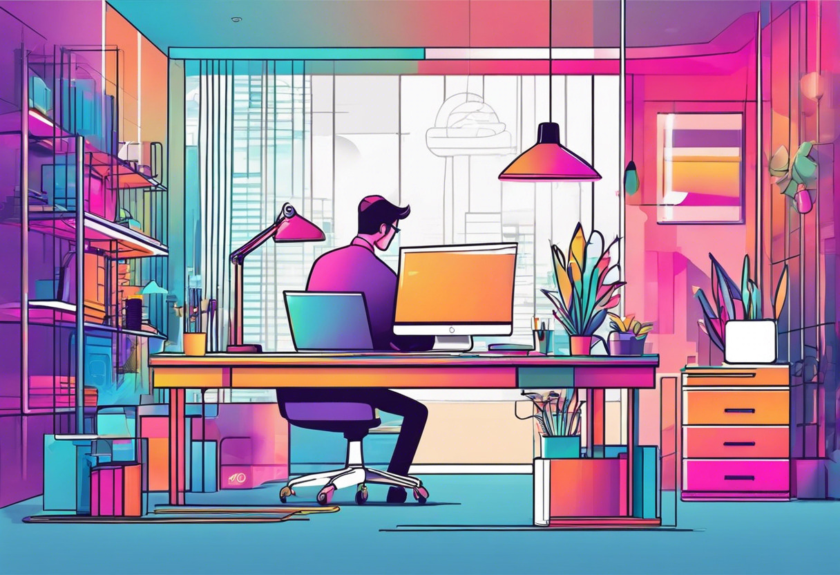 Colorful developer crafting MR experience in a trendsetting tech workspace