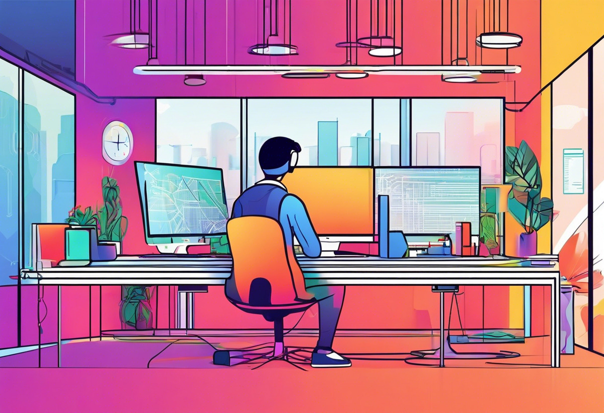 Colorful developer immersed in debugging at a modern tech hub