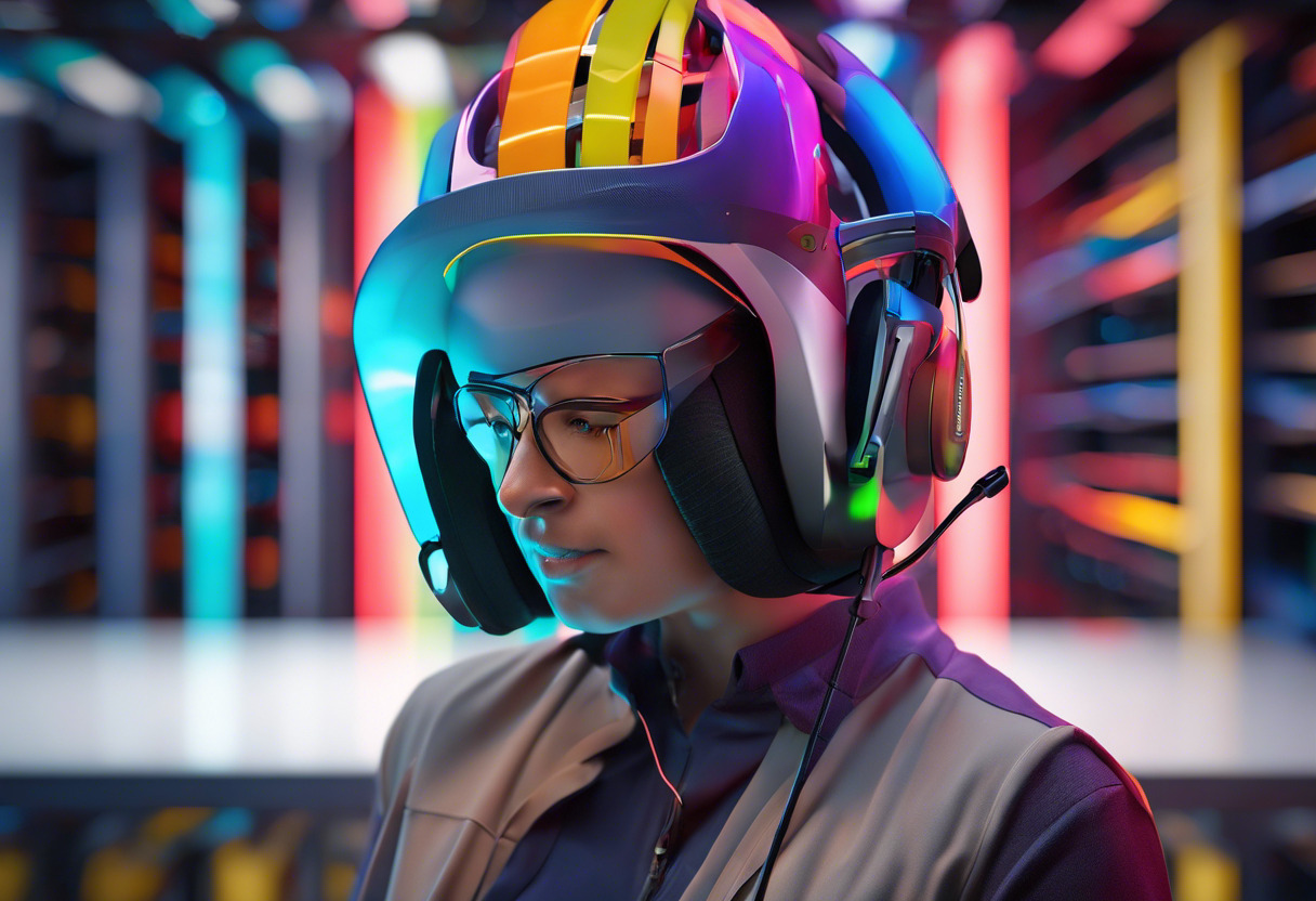 Colorful developer testing a multi-vendor headset in a tech warehouse
