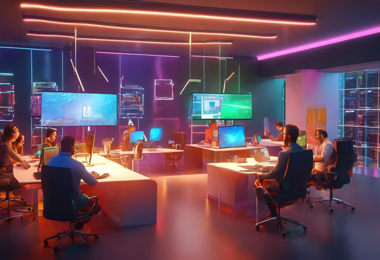 Colorful developers brainstorming in a tech laboratory